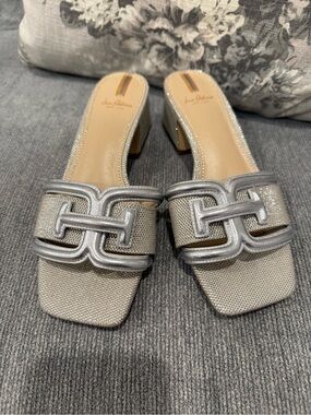 Sam Edelman Silver Metallic Block Heel Slide Sandals Sz 7